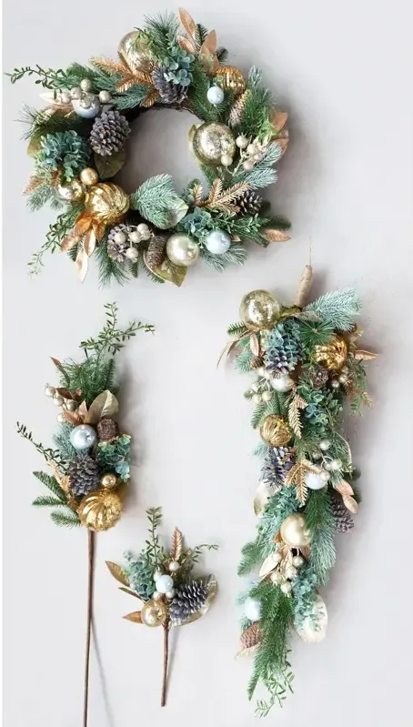 Faux Greenery Swag with Ball Ornaments, Pinecones and Glitter, Silver and Gold Finish