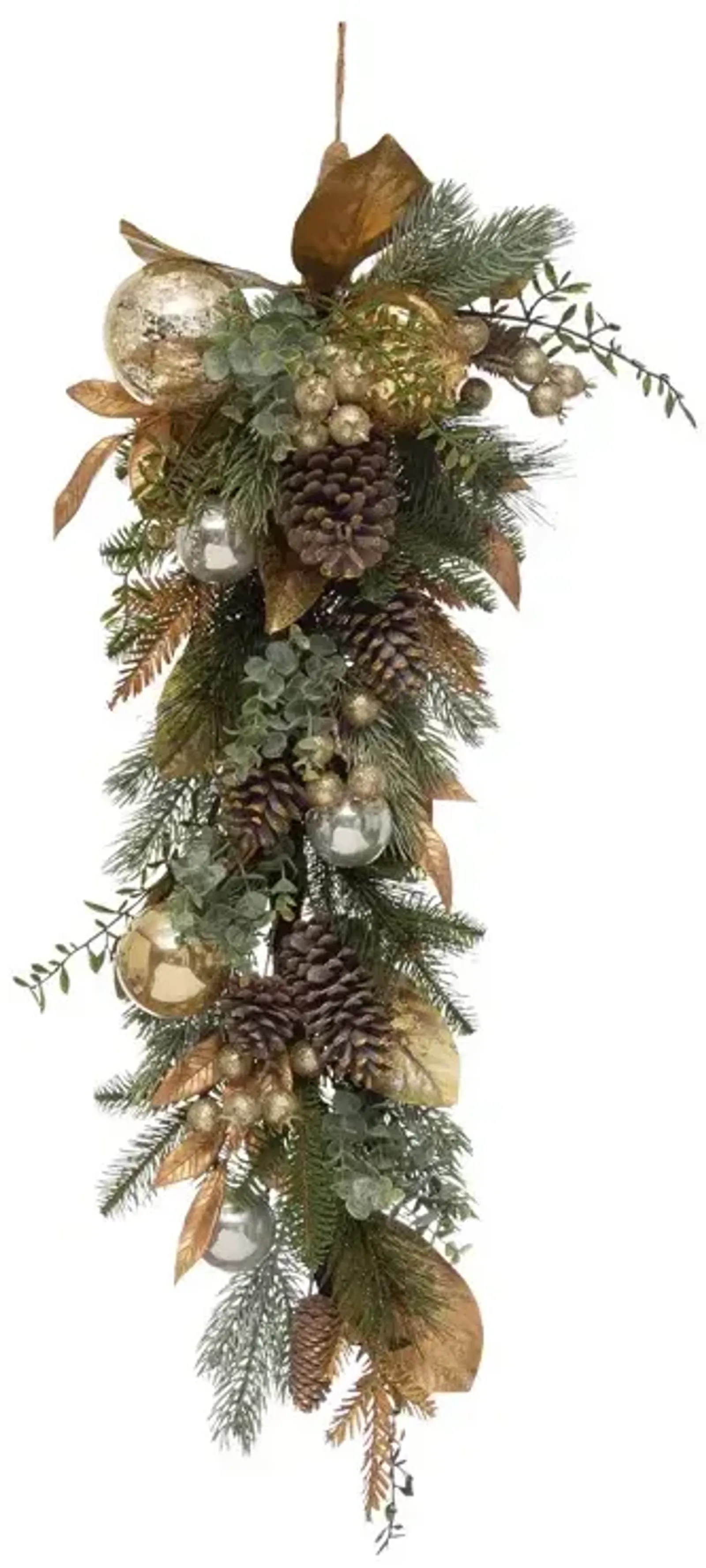 Faux Greenery Swag with Ball Ornaments, Pinecones and Glitter, Silver and Gold Finish