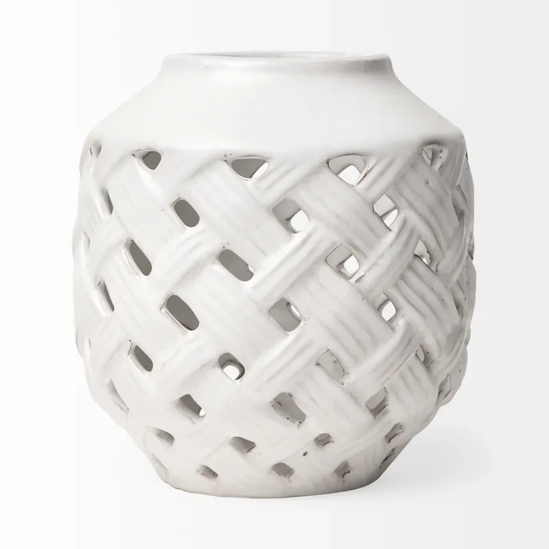 Forillon I Short White Glazed Lattice Pattern Vase