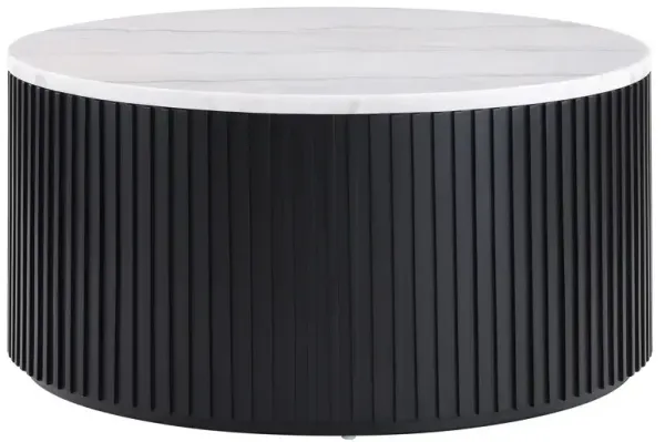 Colvin 36" Round White Marble Top Coffee Table, Black Finish