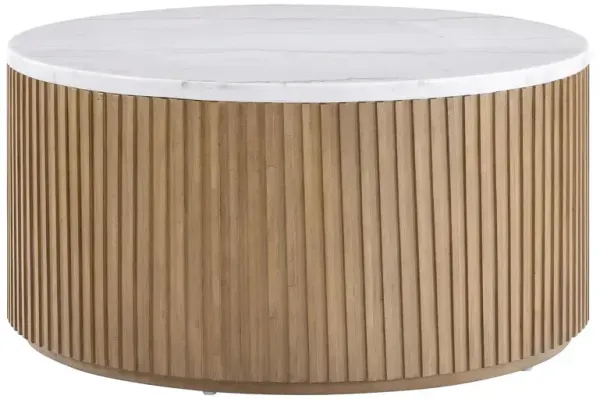 Colvin 36" Round White Marble Top Coffee Table, Toffee