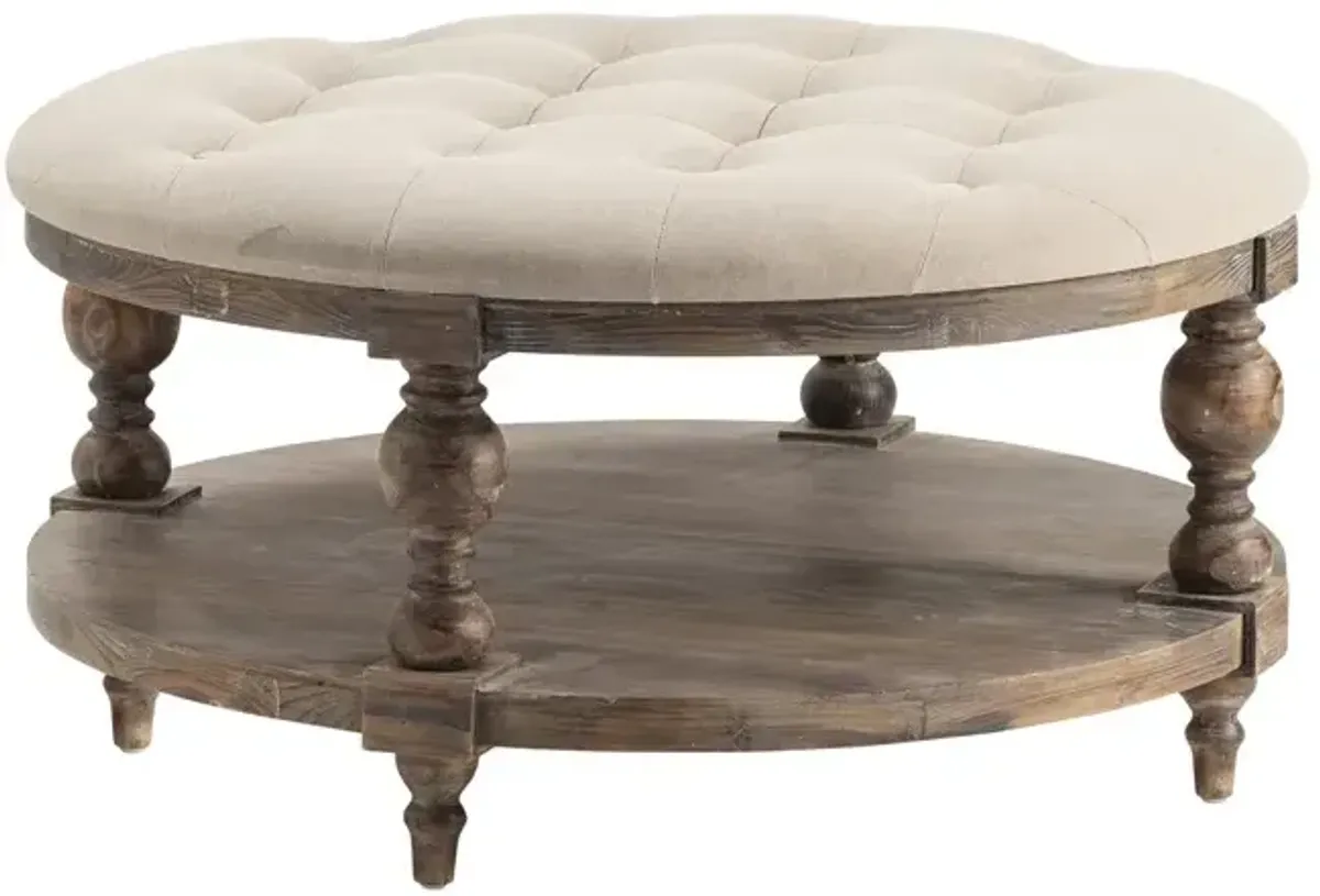 Tahoe Rustic Wood and Round Linen Ottoman