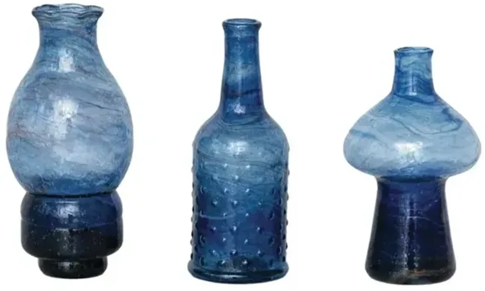 Hand-Blown Recycled Glass Vases, Blue, Set of 3