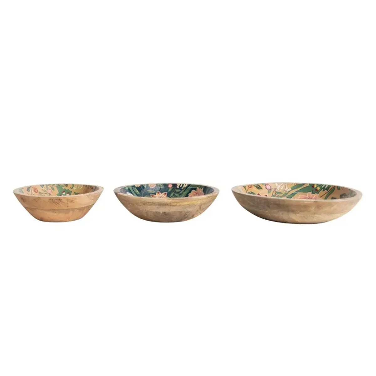 Decorative Enameled Mango Wood Bowls w/ Floral Design, Multi Color, Set of 3