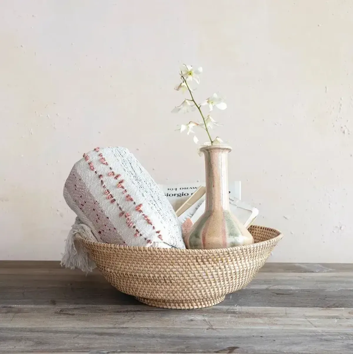 Decorative Hand-Woven Rattan Footed Bowl, Natural