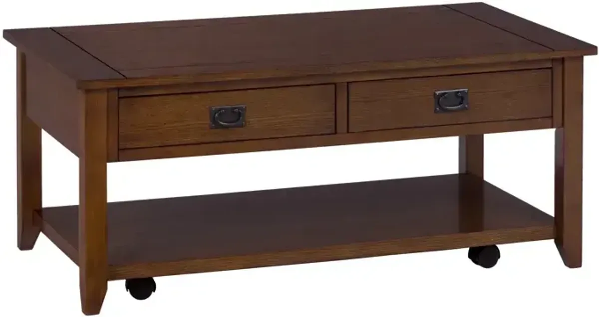 Mission Oak Castered Cocktail Table with 2 Pull-Thru Drawers