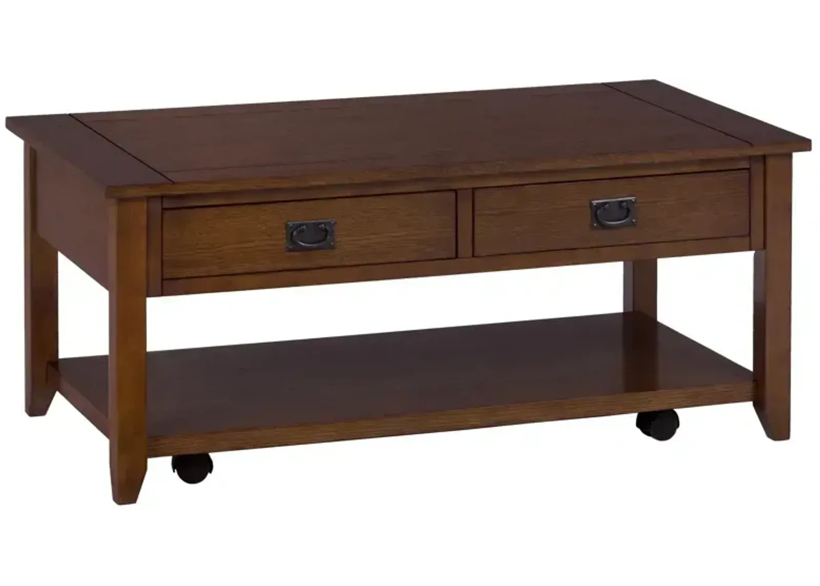 Mission Oak Castered Cocktail Table with 2 Pull-Thru Drawers