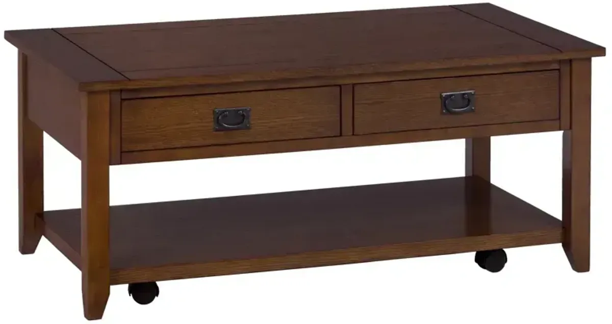 Mission Oak Castered Cocktail Table with 2 Pull-Thru Drawers