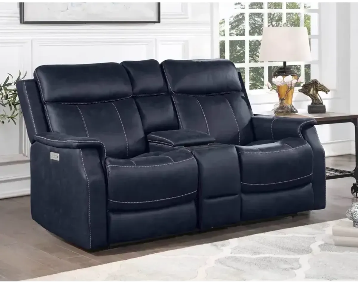 Valencia Dual-Power Leatherette Reclining Console Loveseat, Ocean Blue