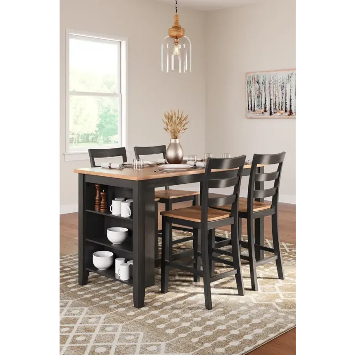 Gesthaven Counter Height Dining Table w/ Shelves and 4 Barstools - Natural/Brown