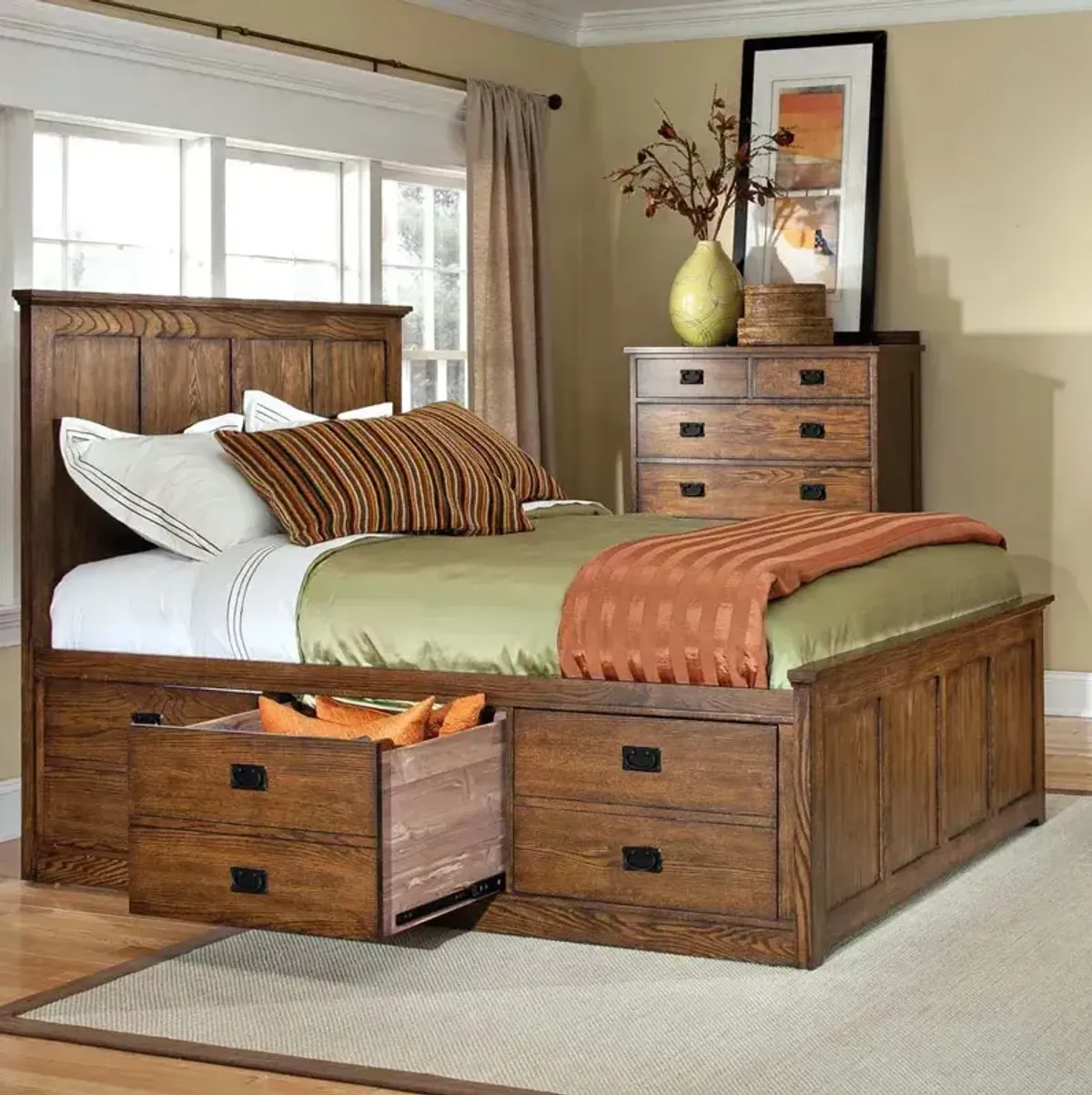 Oak Park Captain's Bed w/2 3-Drawer Rails - Mission
