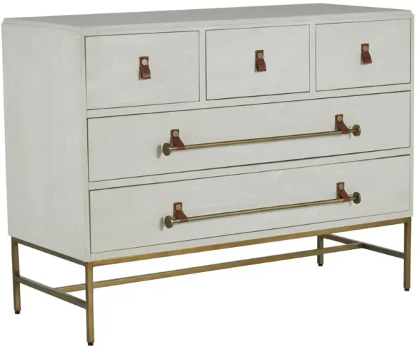 Maya Cerused 5-Drawer Dresser, White/Stained Brass