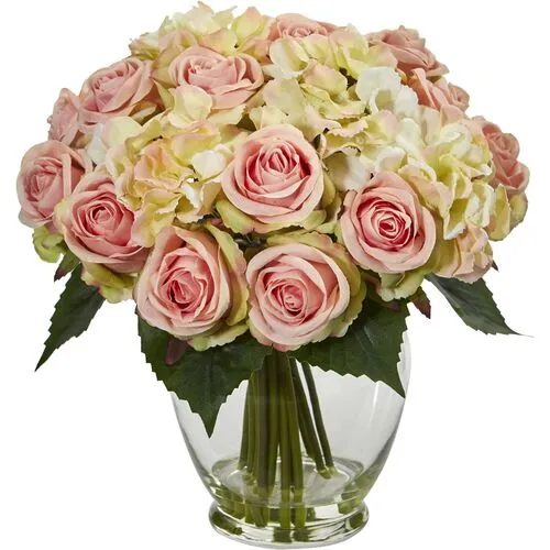 12" Faux Rose Flower Arrangement - Pink