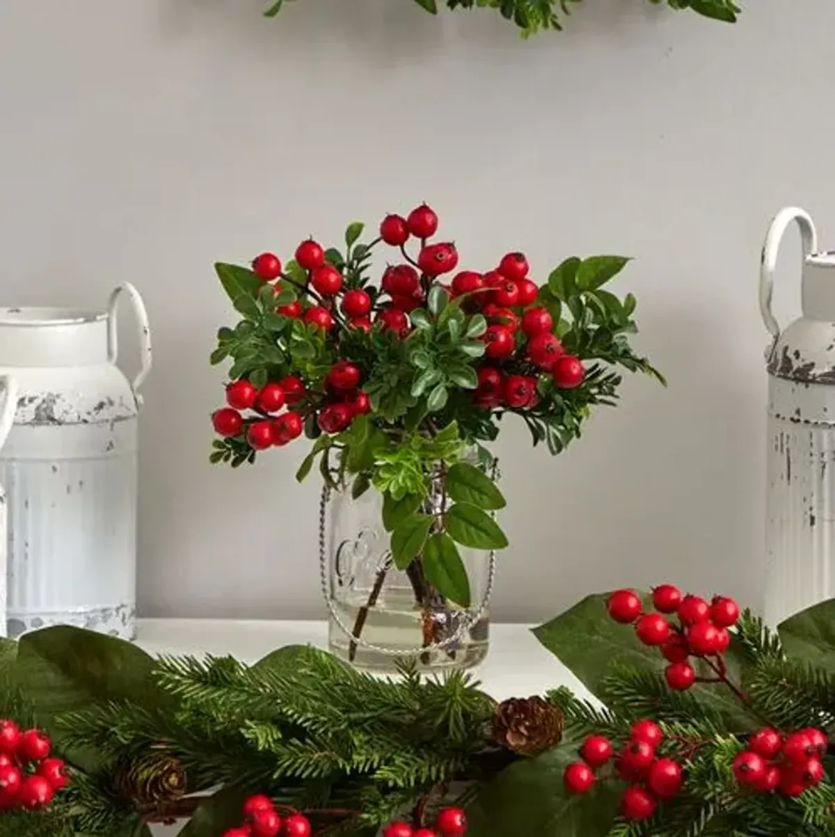 Berry Boxwood in Glass Jar - Green