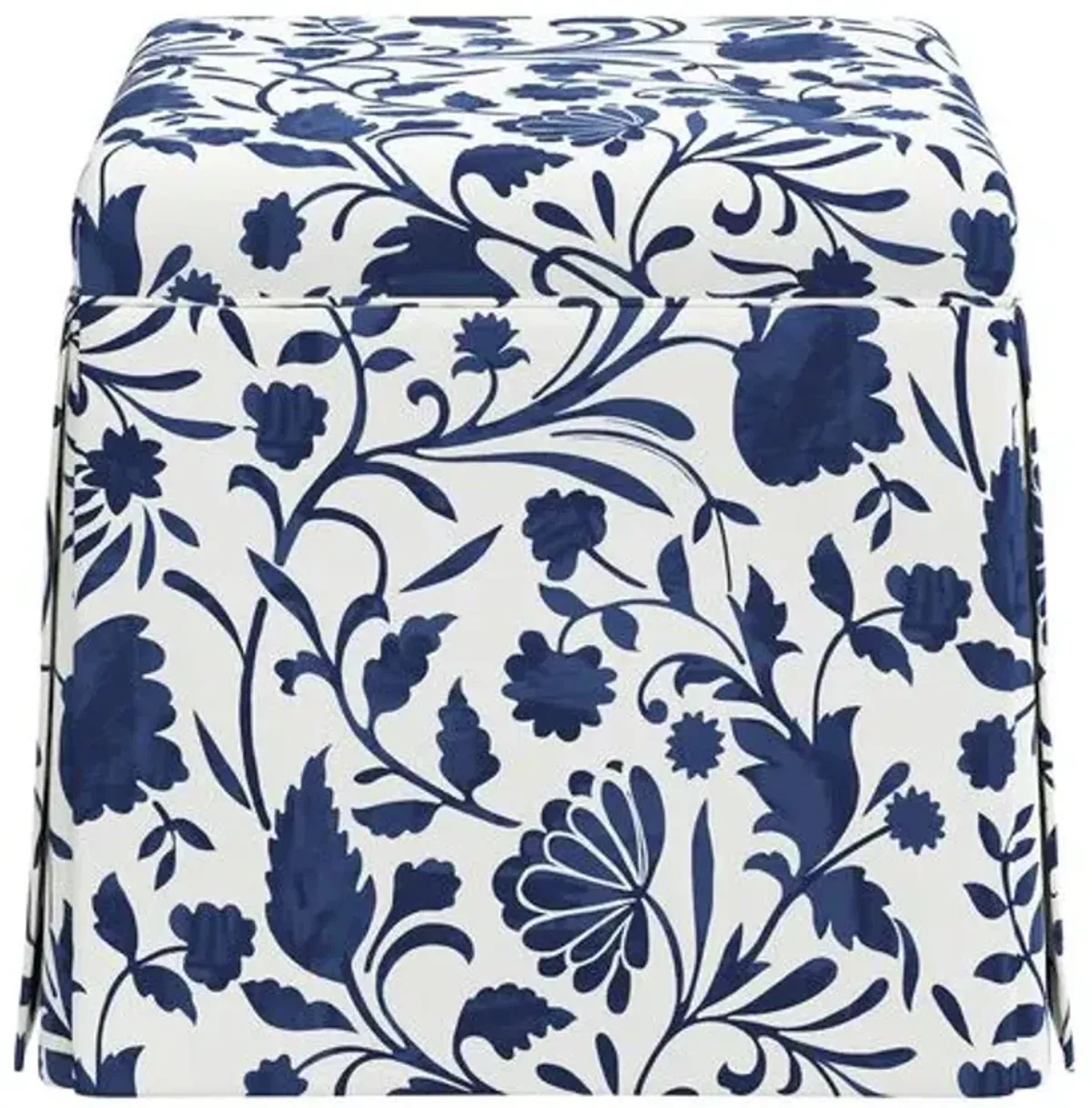 Anne Skirted Storage Ottoman - Vine Floral - Blue