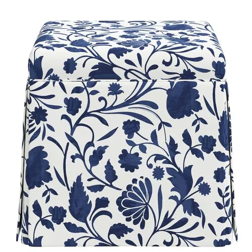 Anne Skirted Storage Ottoman - Vine Floral - Blue