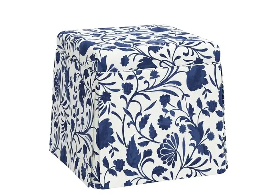 Anne Skirted Storage Ottoman - Vine Floral - Blue