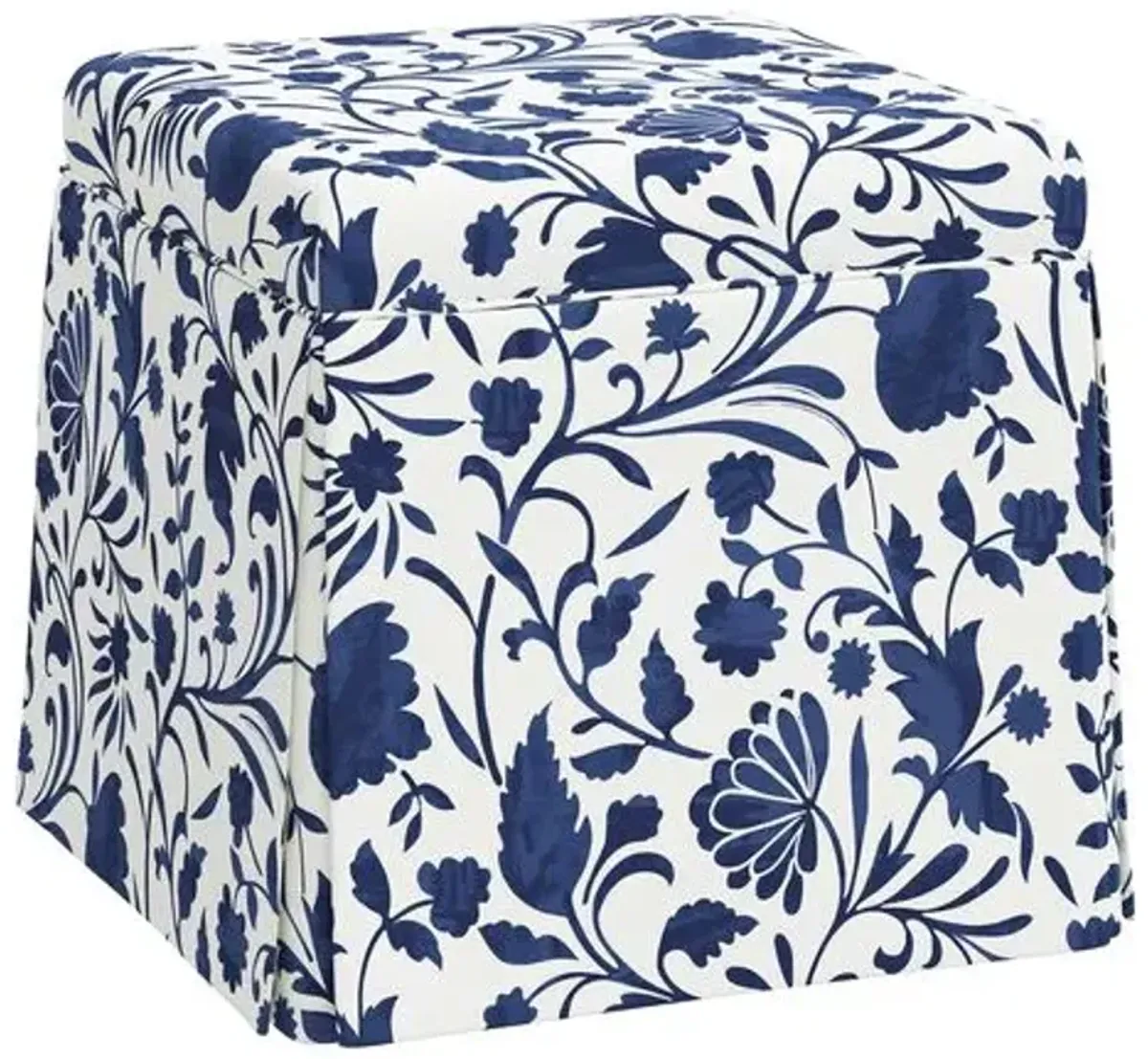 Anne Skirted Storage Ottoman - Vine Floral - Blue