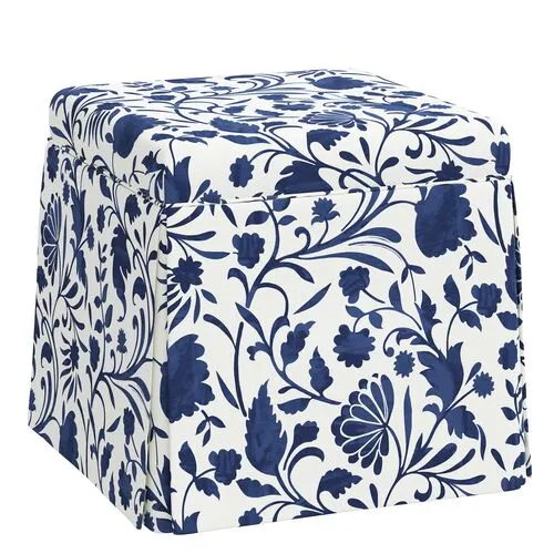 Anne Skirted Storage Ottoman - Vine Floral - Blue