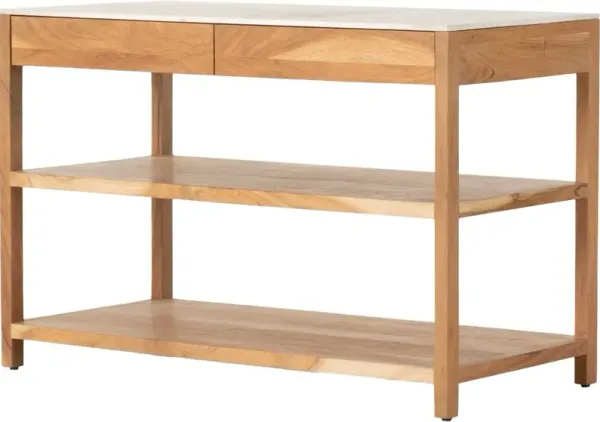 Noel Small Kitchen Island, White Marble/Smoked Acacia