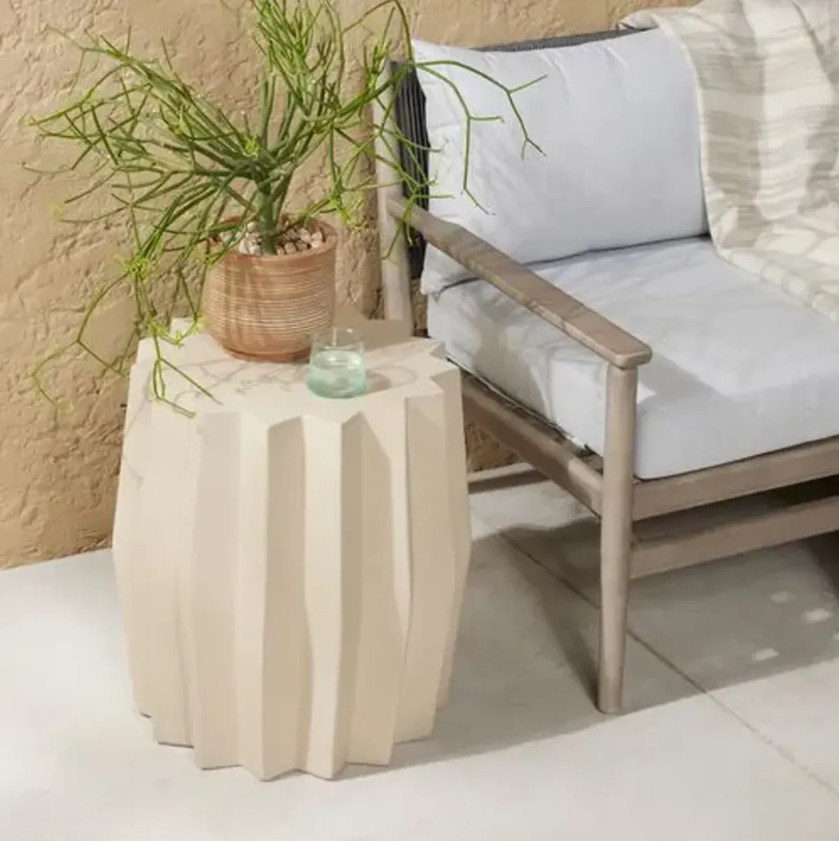 Gina Outdoor Concrete End Table - Parchment White