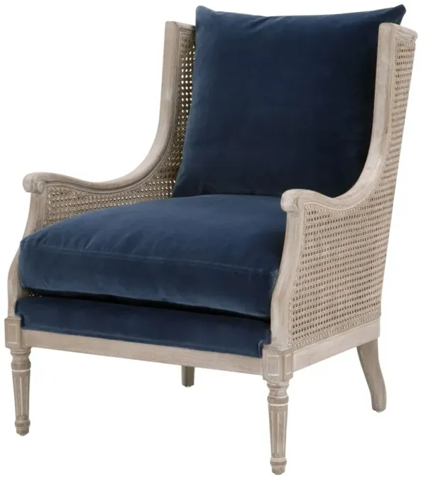 Winnie Cane Wingback Chair, Denim Velvet/Natural Gray