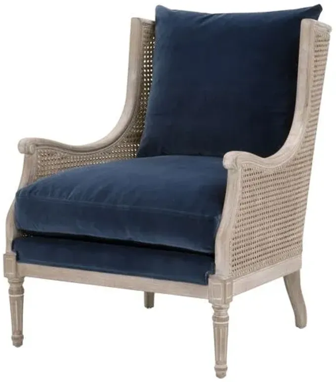 Winnie Cane Lounge Chair - Natural Gray/Denim Velvet - Blue