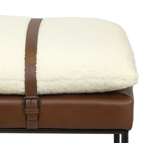 Aspen Leather and Faux Boucle Wool Bench - White/Brown - Regina Andrew