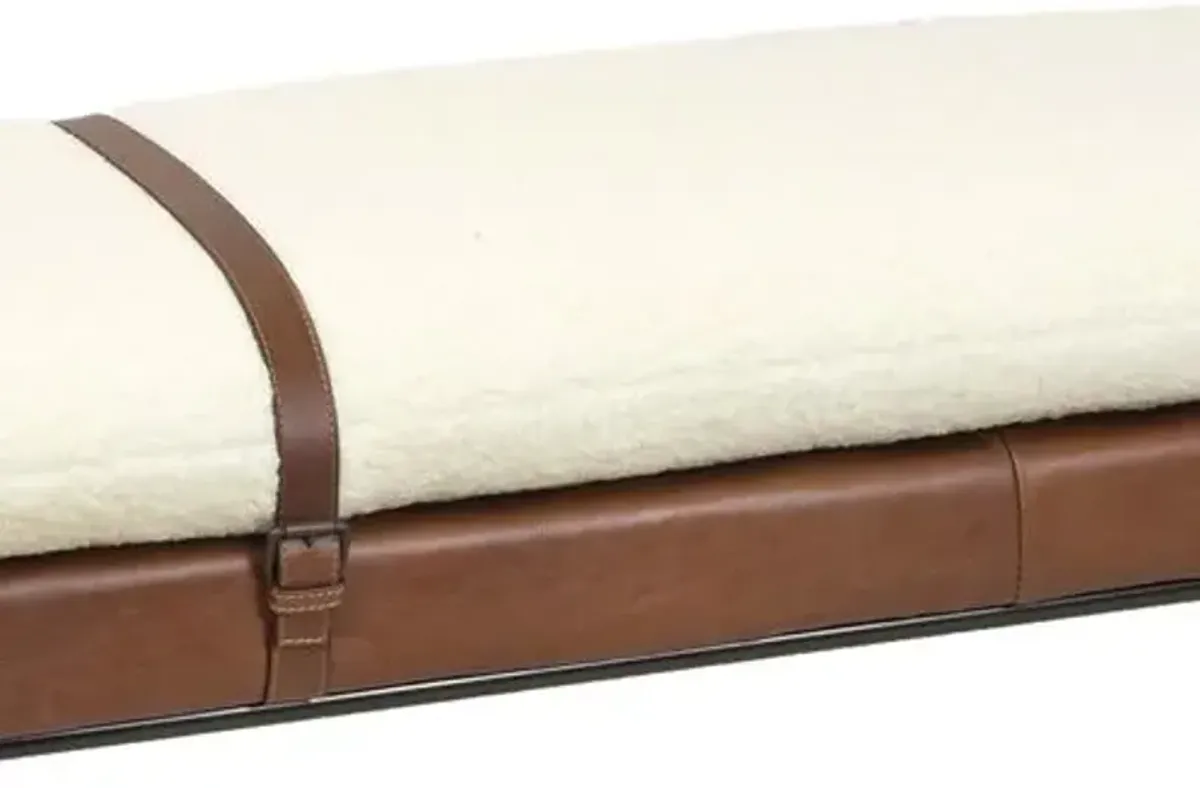 Aspen Leather and Faux Boucle Wool Bench - White/Brown - Regina Andrew