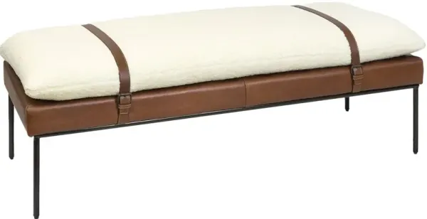 Aspen Leather and Faux Boucle Wool Bench, White/Brown