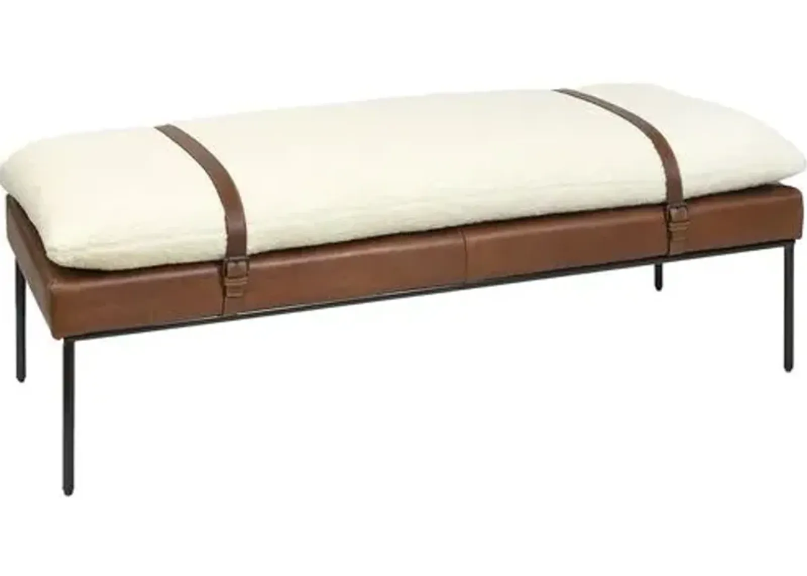 Aspen Leather and Faux Boucle Wool Bench - White/Brown - Regina Andrew