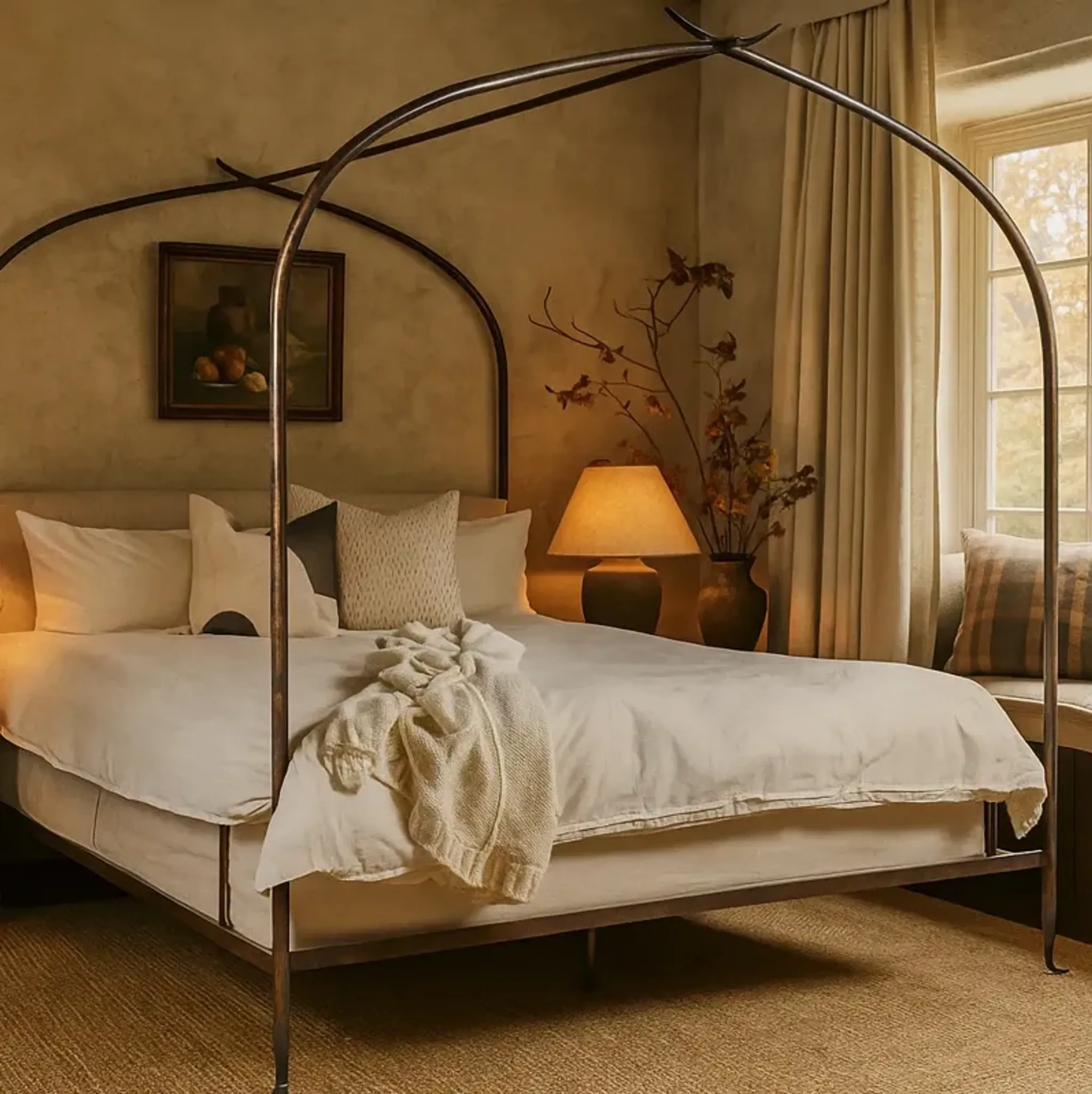 Atrium Canopy Bed, Antique Black/Stainguard Linen | Furniture.com