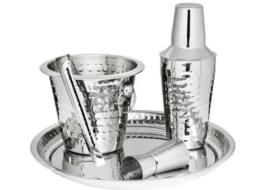 Hammered Stainless Steel Bar Set - Silver