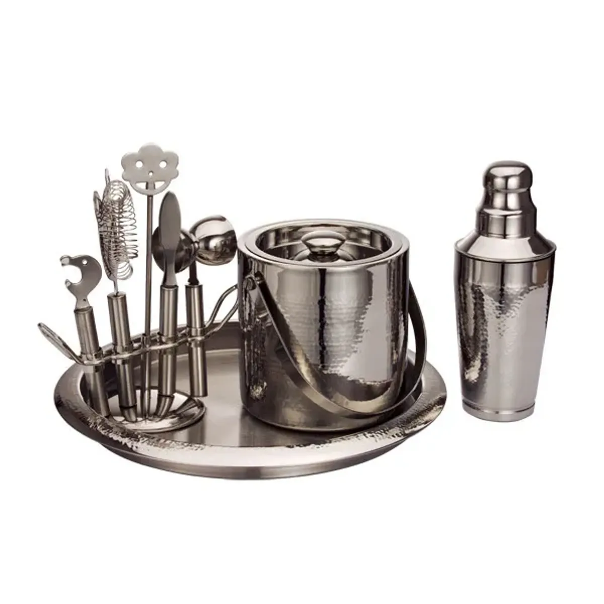 Classic Hammered Stainless Steel Bar Set With Tool - Silver