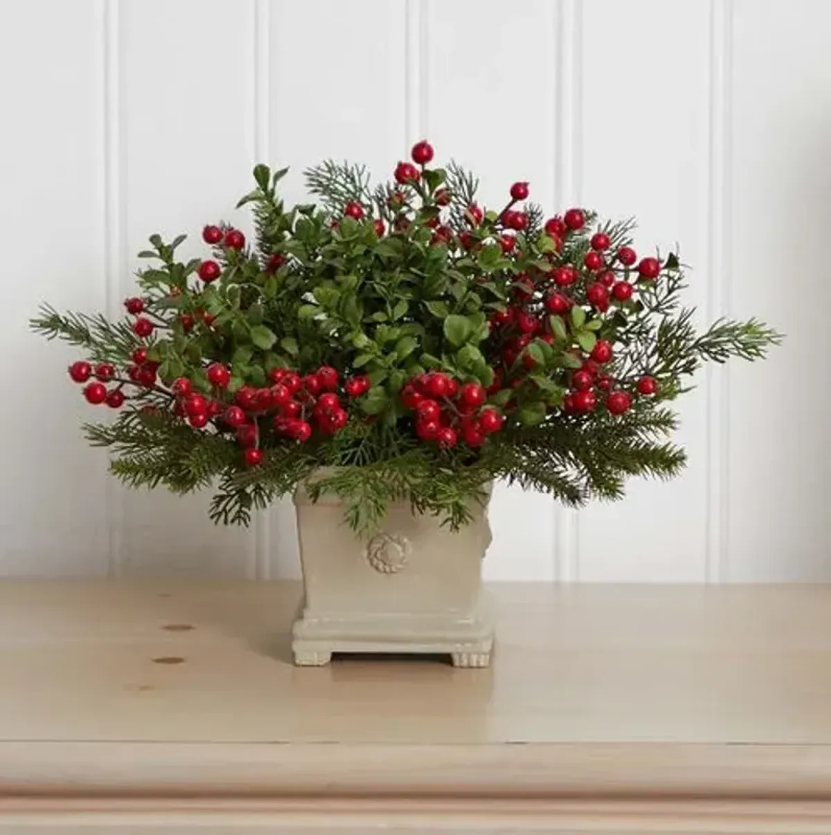 12" Faux Pine & Berry Arrangement - Green