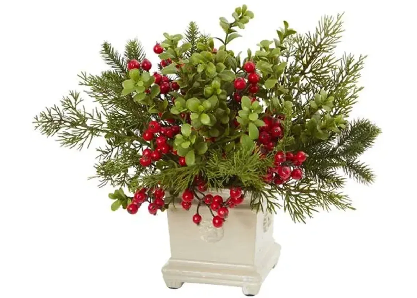 12" Faux Pine & Berry Arrangement - Green