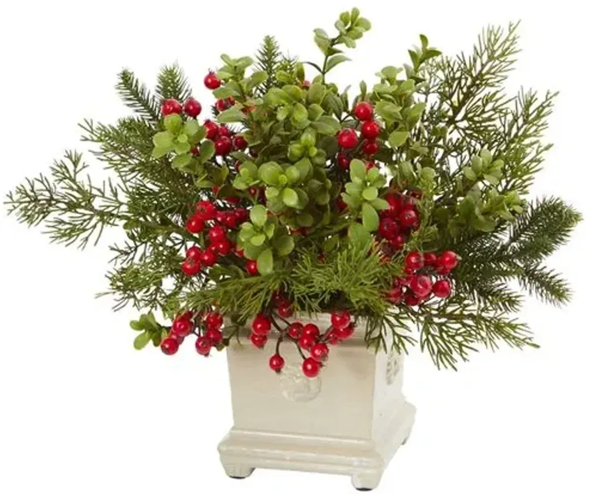 12" Faux Pine & Berry Arrangement - Green