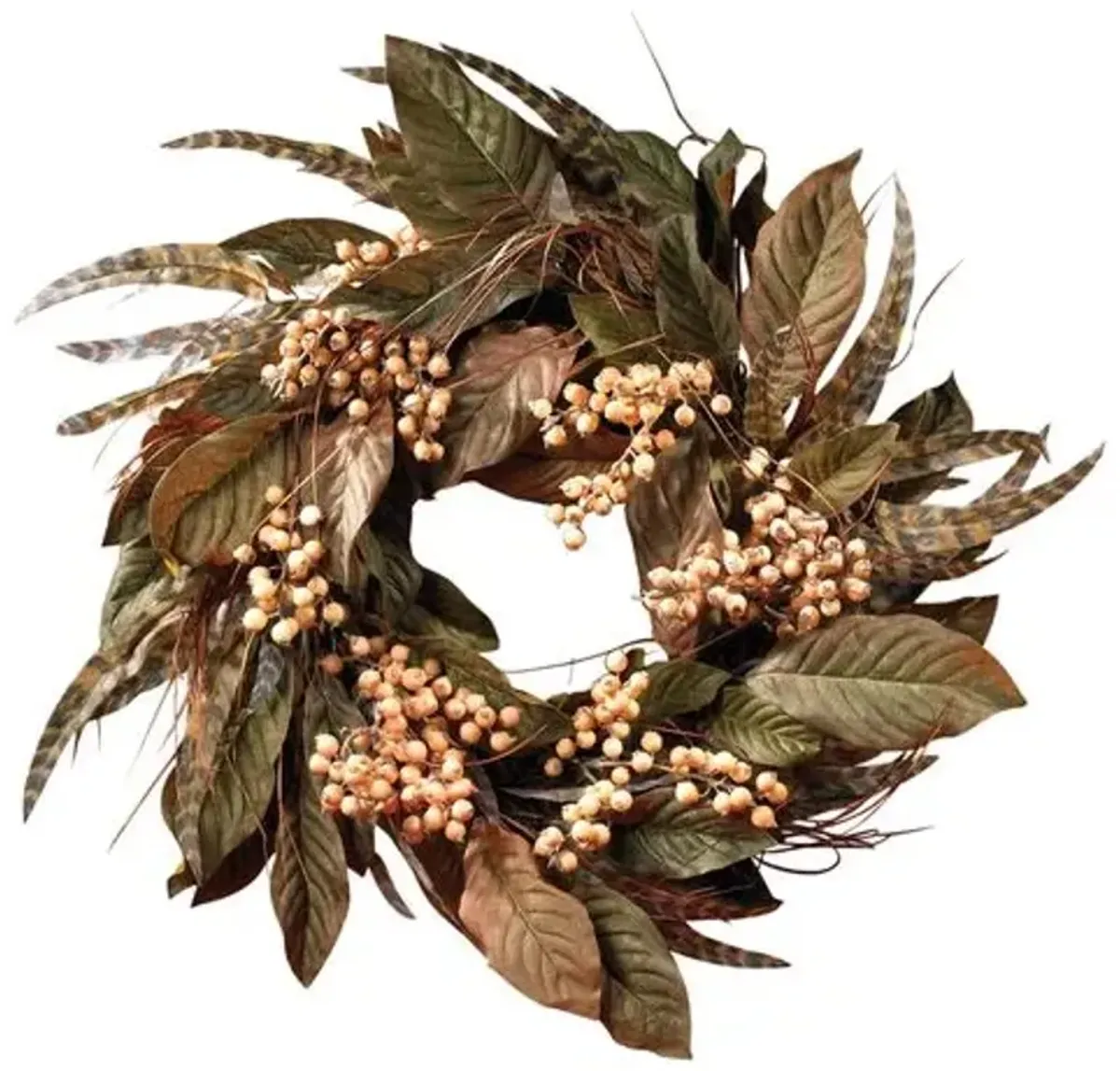 24in. Feather and Berry Wreath - Green