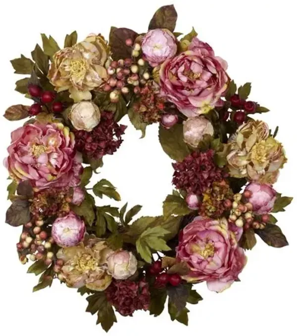 24in. Peony Hydrangea Wreath - Orange