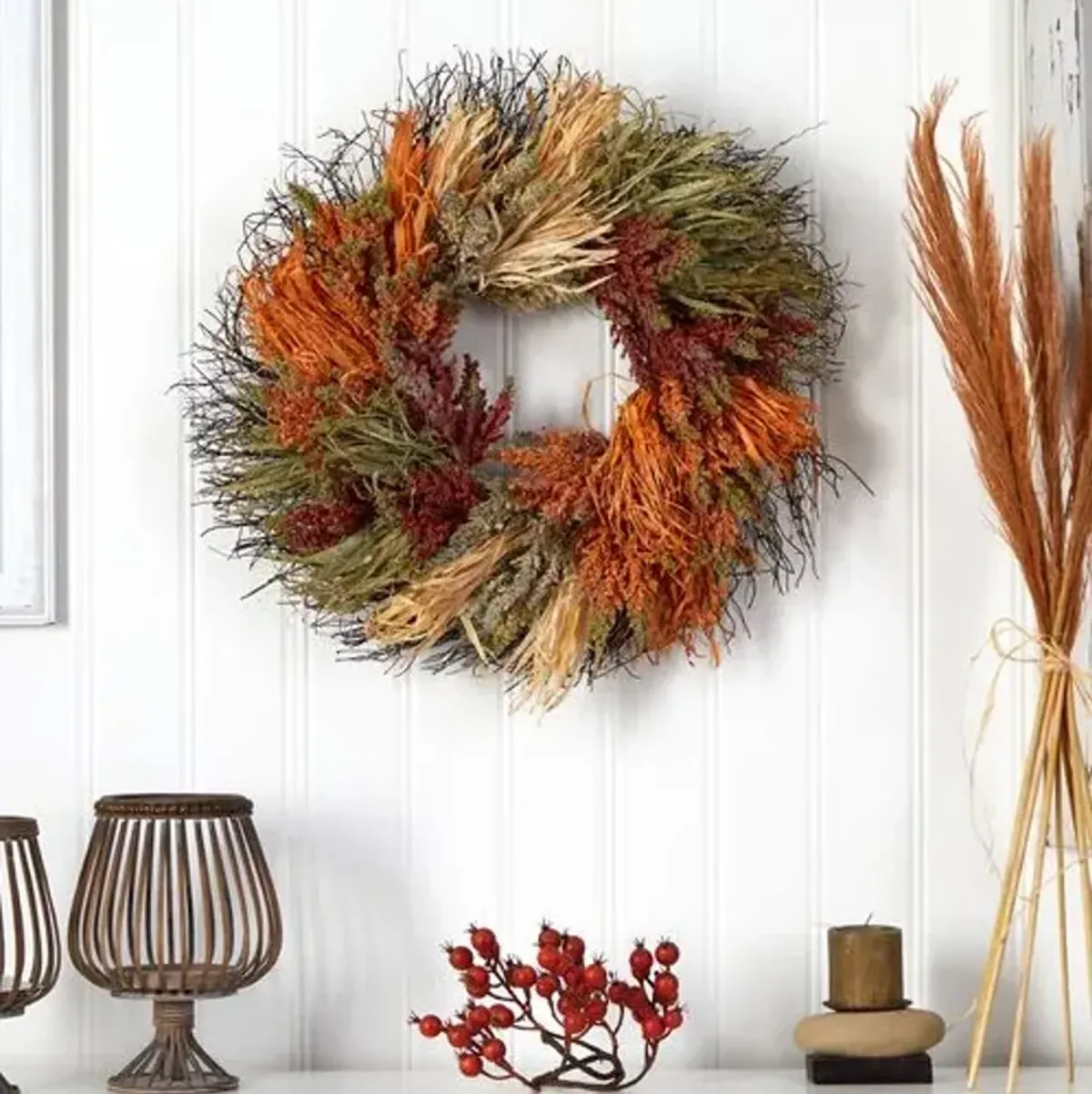 Faux 26in Sorghum Wreath - Orange