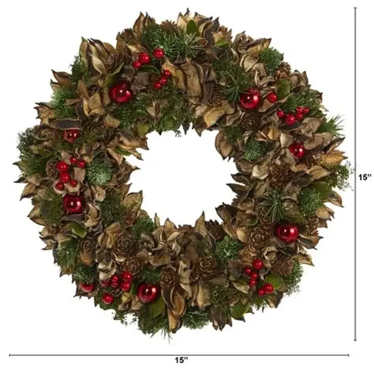 Faux 15in Pine/Pinecone Wreath - Green