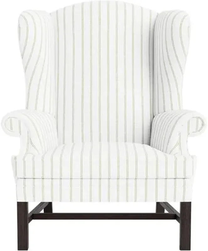 Marth Stewart Dearborne Wingback Chair - Lily Pond Linen Weave Stripe - Handcrafted in The USA - Green - Comfortable, Stylish