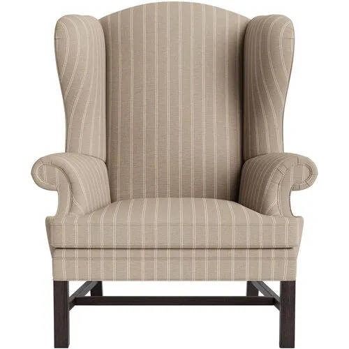 Marth Stewart Dearborne Wingback Chair - Lily Pond Linen Weave Stripe - Handcrafted in The USA - Brown - Comfortable, Stylish