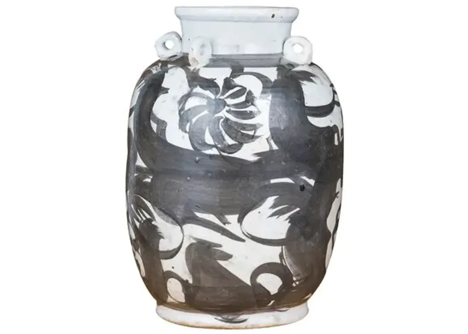 16" Four Loop Handle Jar Twisted Flower Motif - Black - Handcrafted