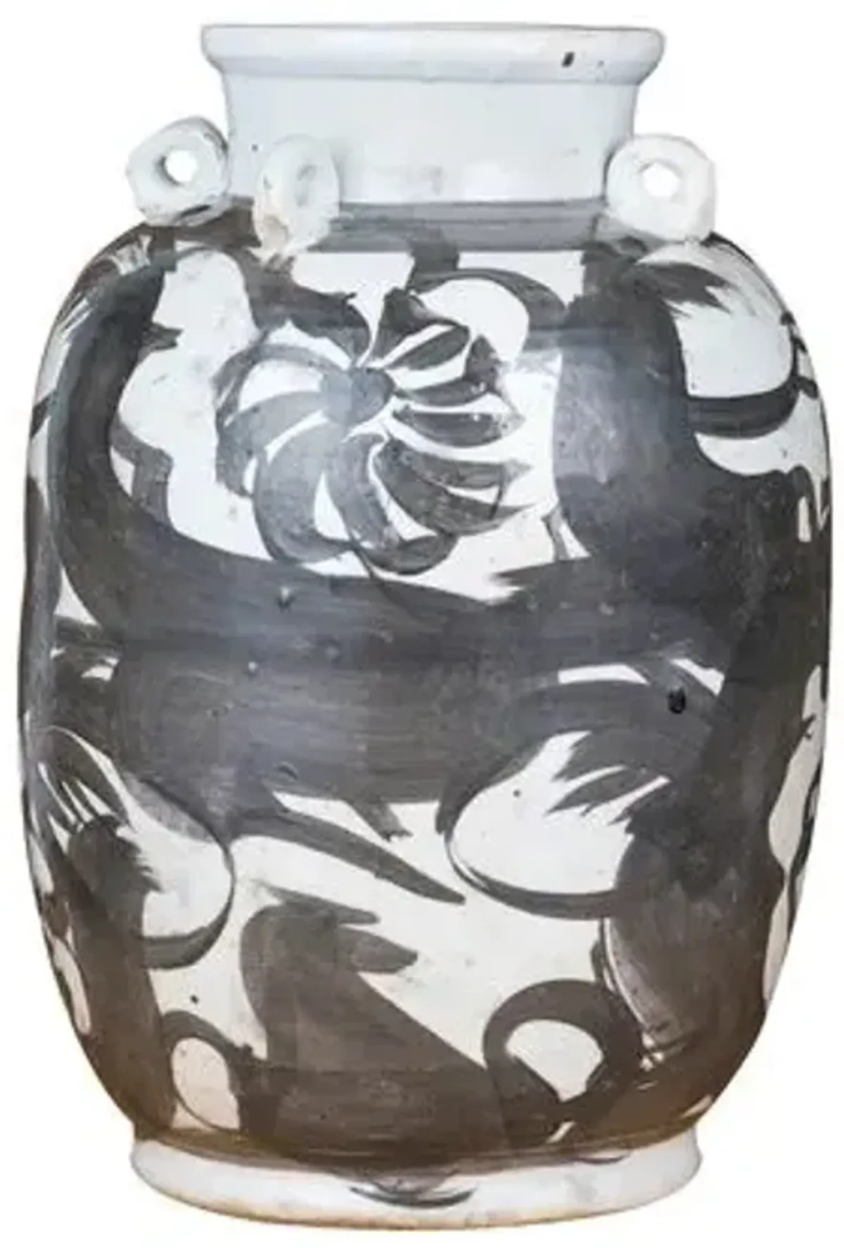 16" Four Loop Handle Jar Twisted Flower Motif - Black - Handcrafted