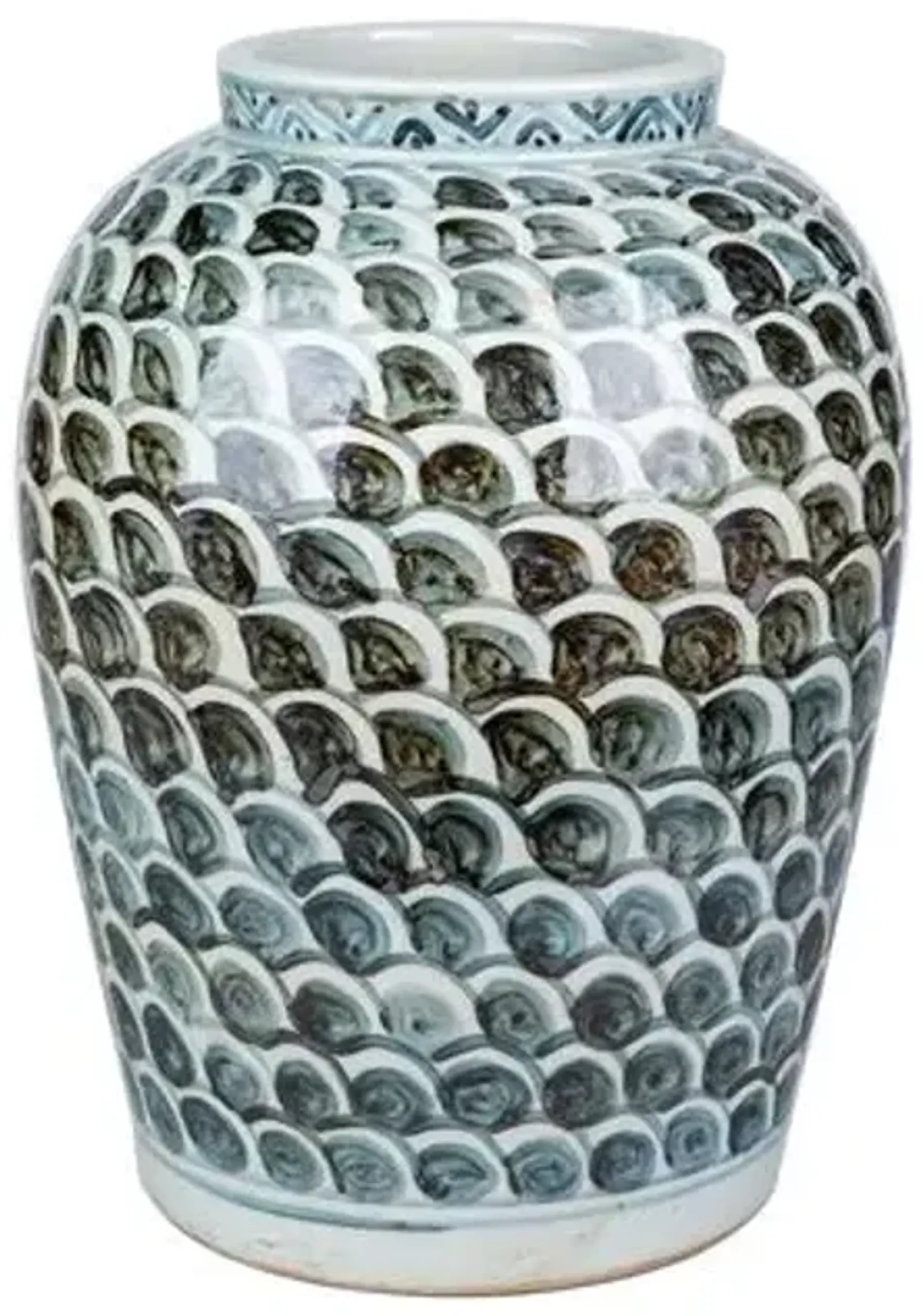 17" Rustic Jar With Fish Scale Pattern - Blue/White - Handcrafted