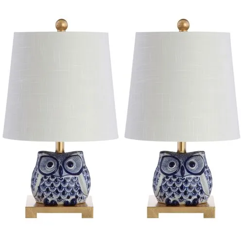 Set of 2 Evren Mini Owl Table Lamps - Blue/White