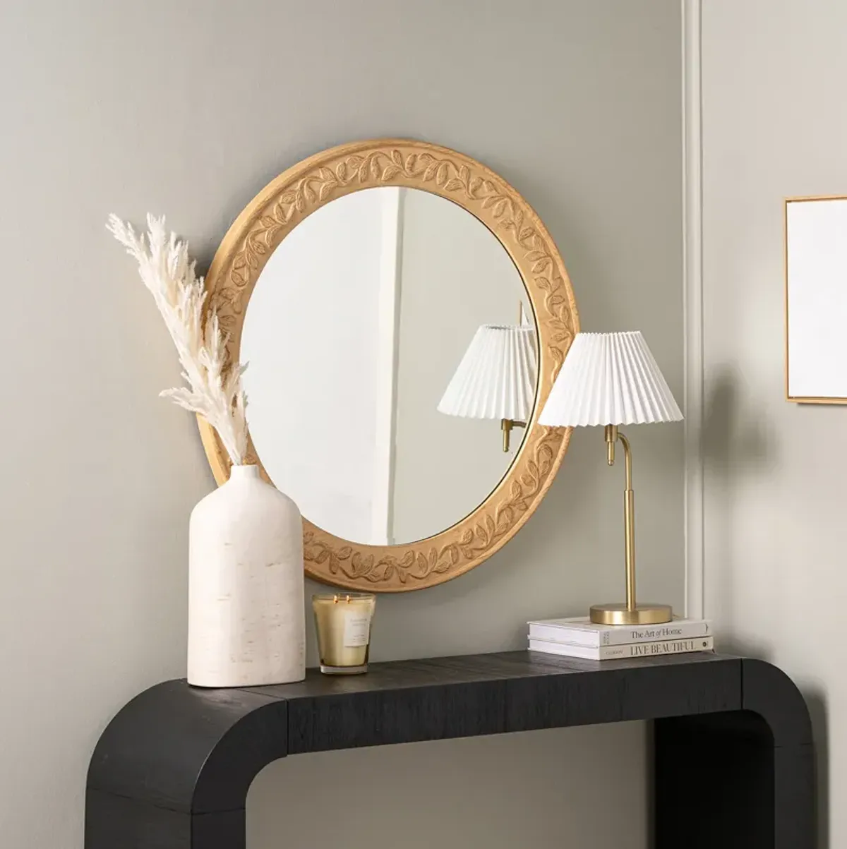 OIivia Carved Round Wall Mirror - Natural