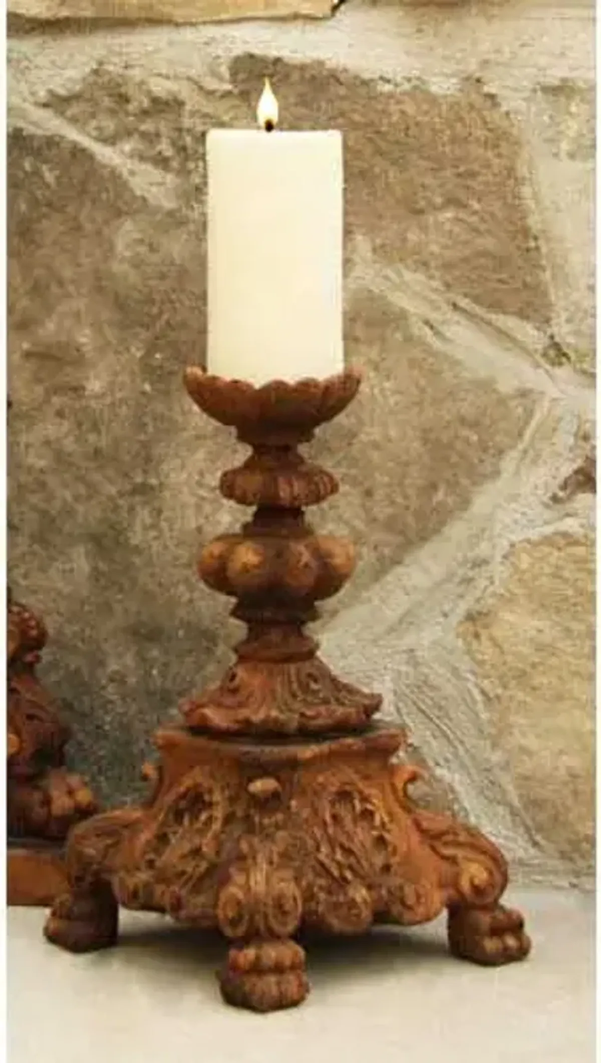 13" Baroque Candleholder - Sandstone - Handcrafted - Brown