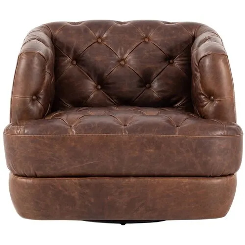 Deacon Leather Tufted Swivel Chair - Cigar - Handcrafted